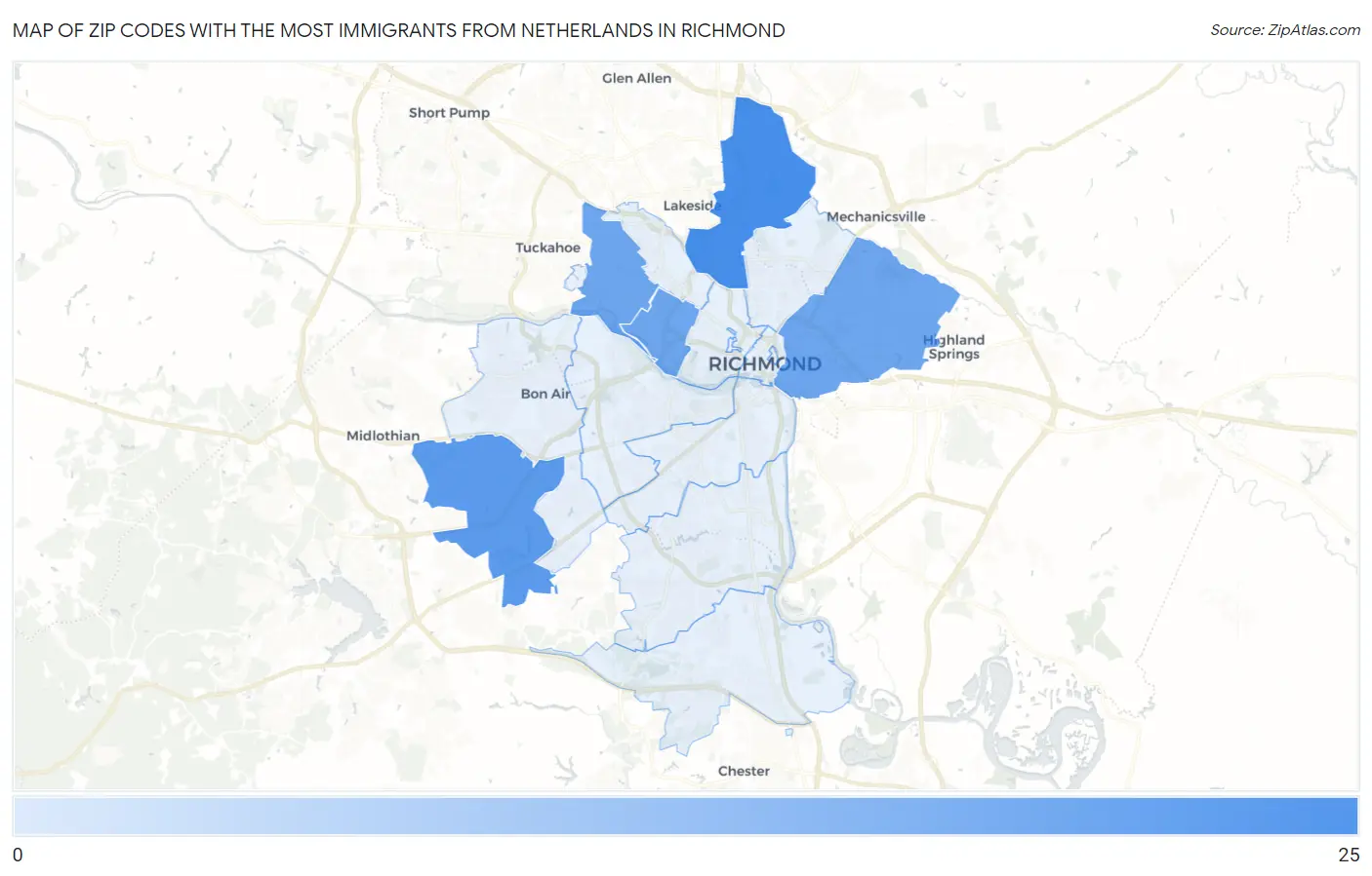 Zip Codes with the Most Immigrants from Netherlands in Richmond Map