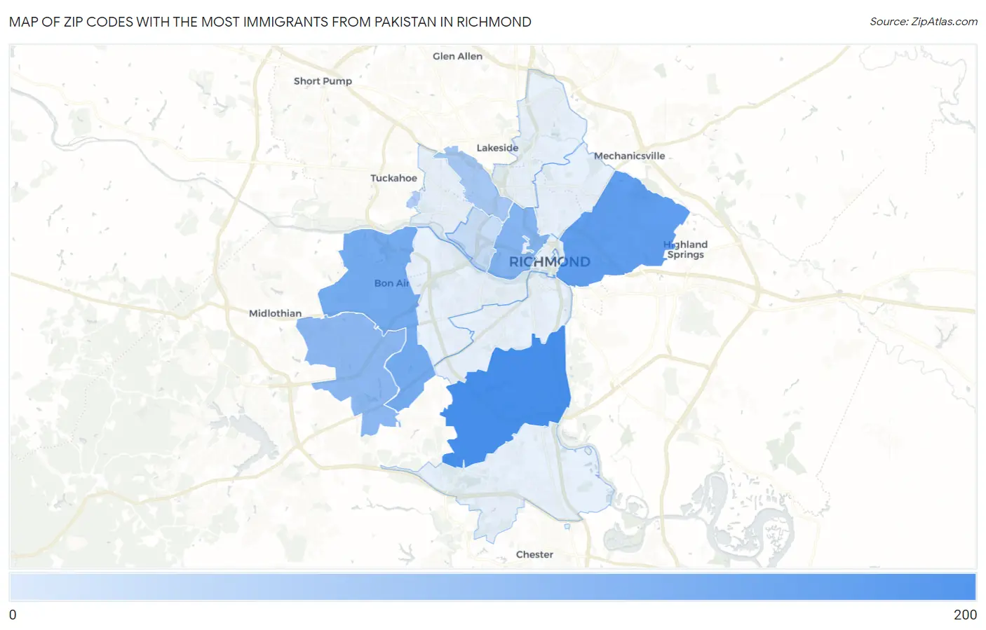 Zip Codes with the Most Immigrants from Pakistan in Richmond Map