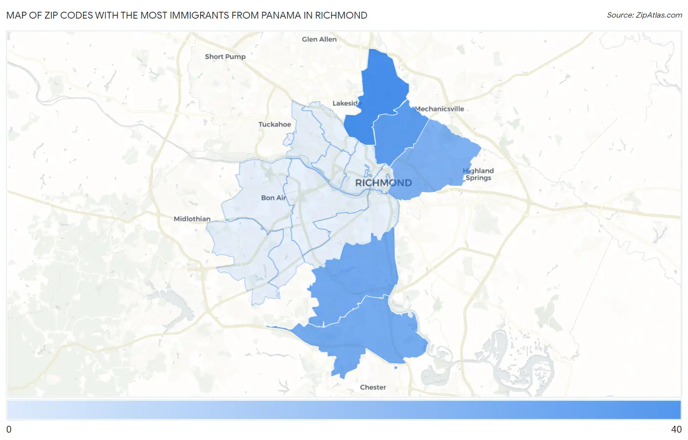 Zip Codes with the Most Immigrants from Panama in Richmond Map