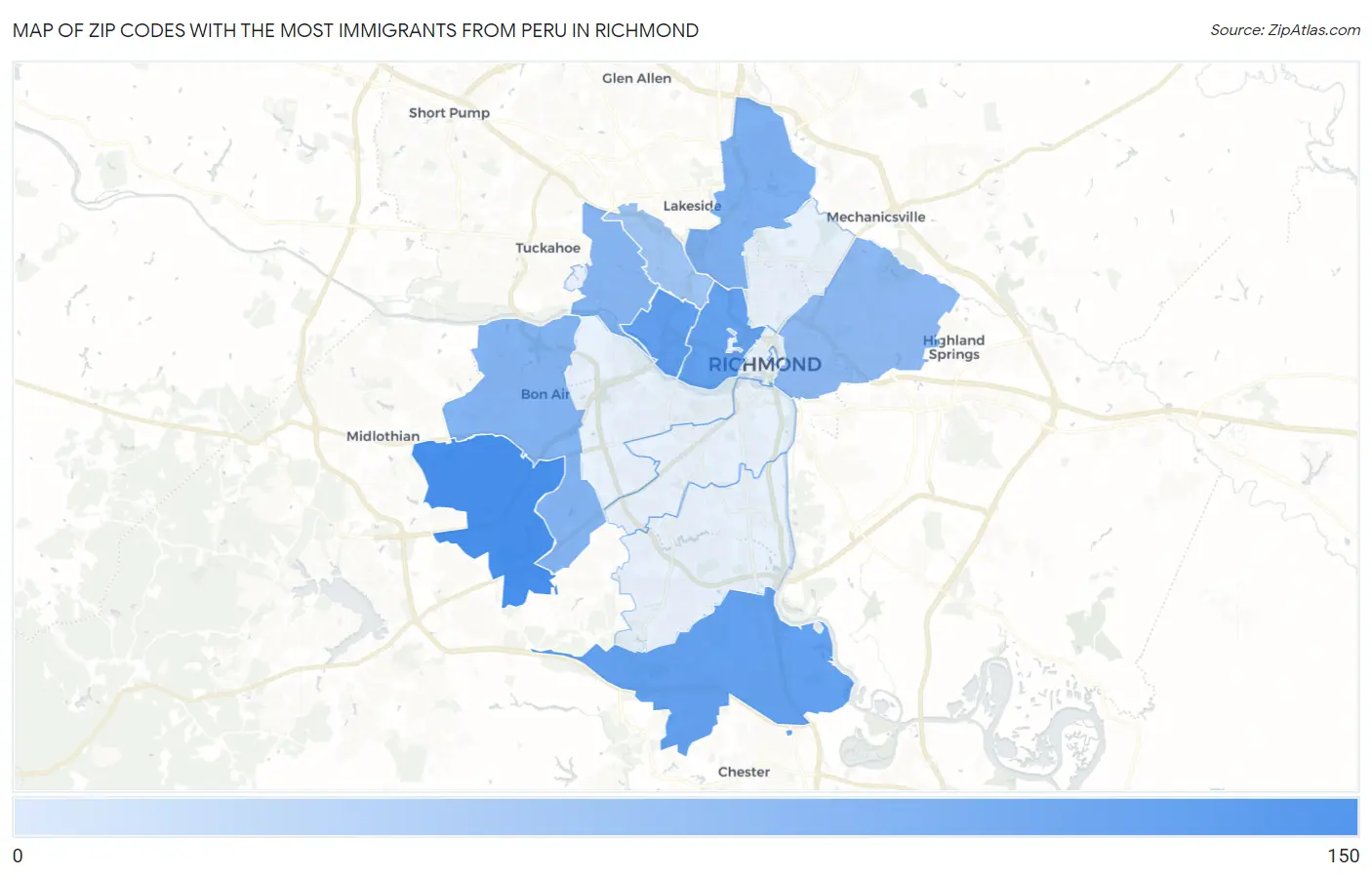 Zip Codes with the Most Immigrants from Peru in Richmond Map