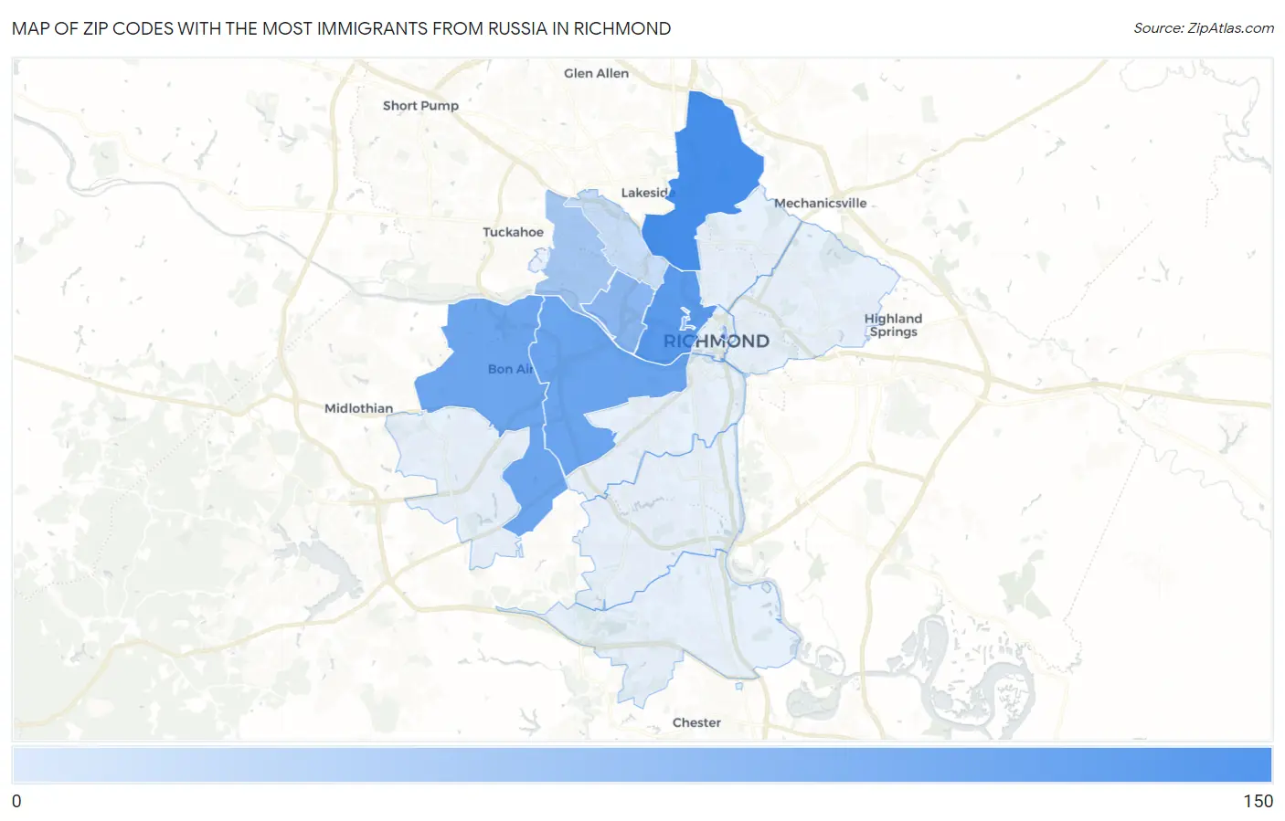 Zip Codes with the Most Immigrants from Russia in Richmond Map