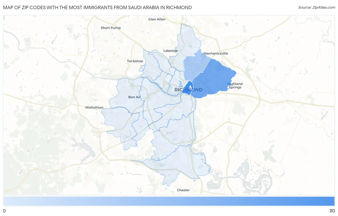 Zip Codes with the Most Immigrants from Saudi Arabia in Richmond Map