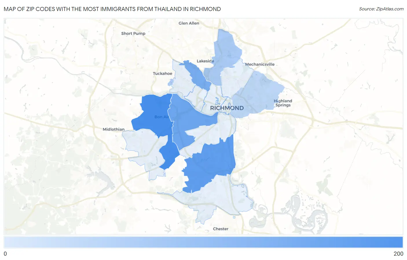 Zip Codes with the Most Immigrants from Thailand in Richmond Map