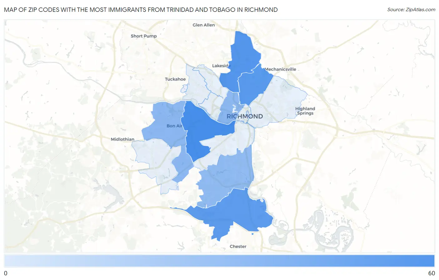 Zip Codes with the Most Immigrants from Trinidad and Tobago in Richmond Map