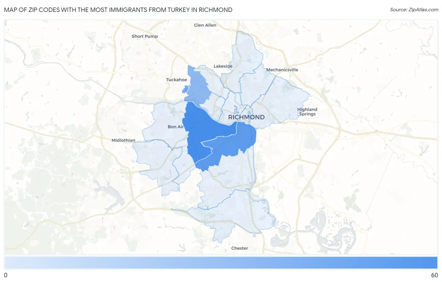 Zip Codes with the Most Immigrants from Turkey in Richmond Map