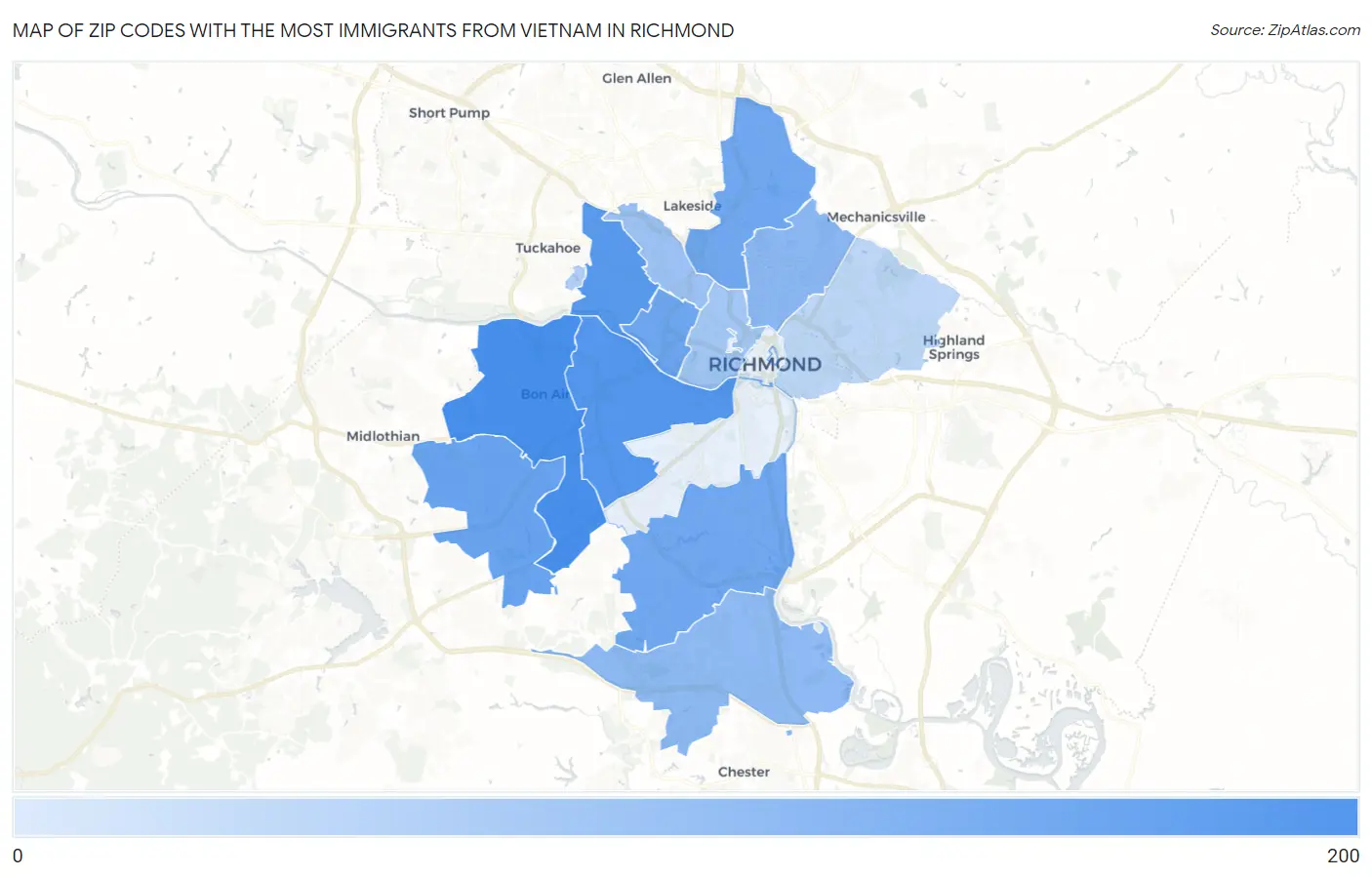 Zip Codes with the Most Immigrants from Vietnam in Richmond Map