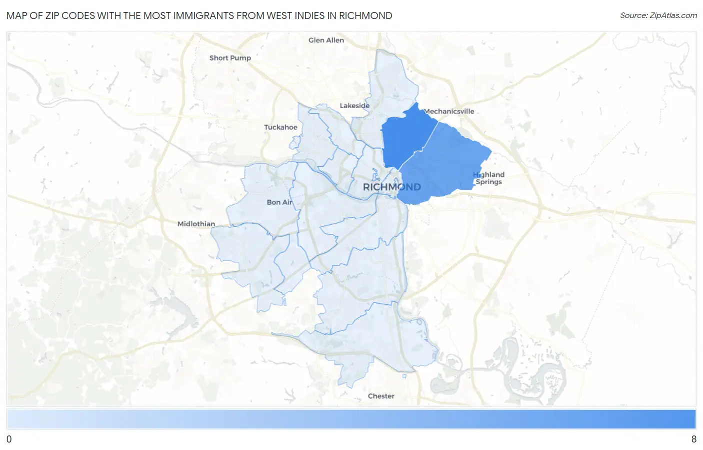 Zip Codes with the Most Immigrants from West Indies in Richmond Map