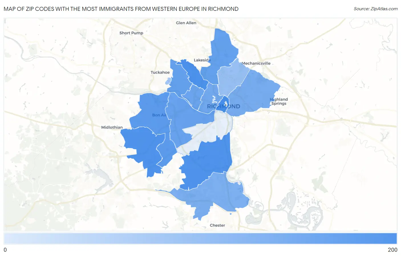 Zip Codes with the Most Immigrants from Western Europe in Richmond Map