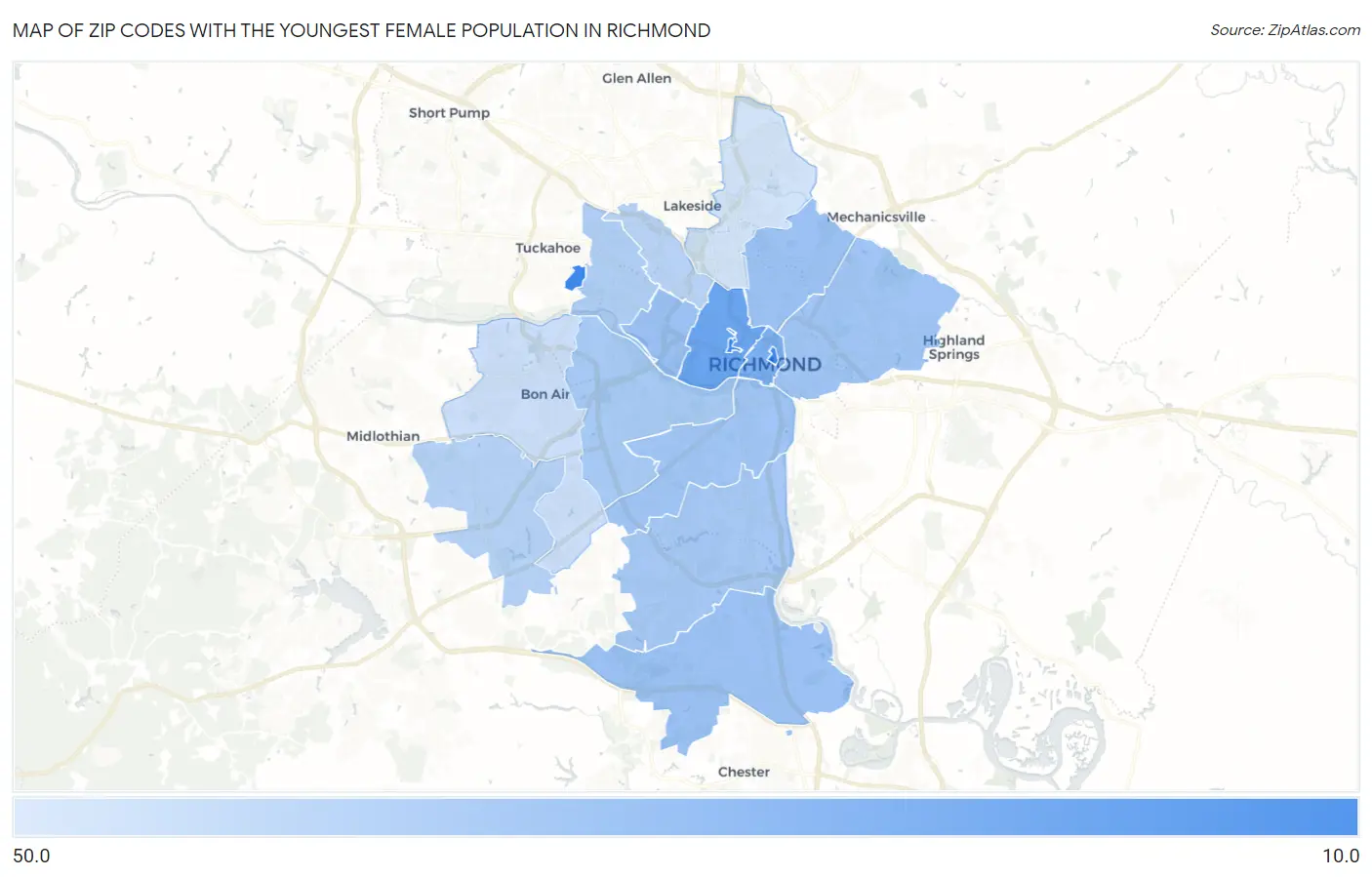 Zip Codes with the Youngest Female Population in Richmond Map