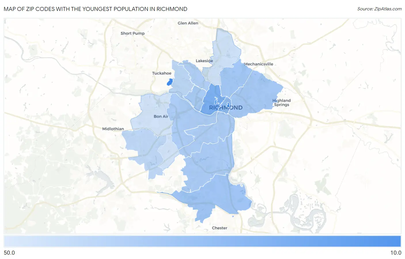Zip Codes with the Youngest Population in Richmond Map