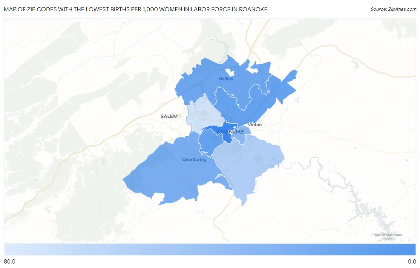 Zip Codes with the Lowest Births per 1,000 Women in Labor Force in Roanoke Map