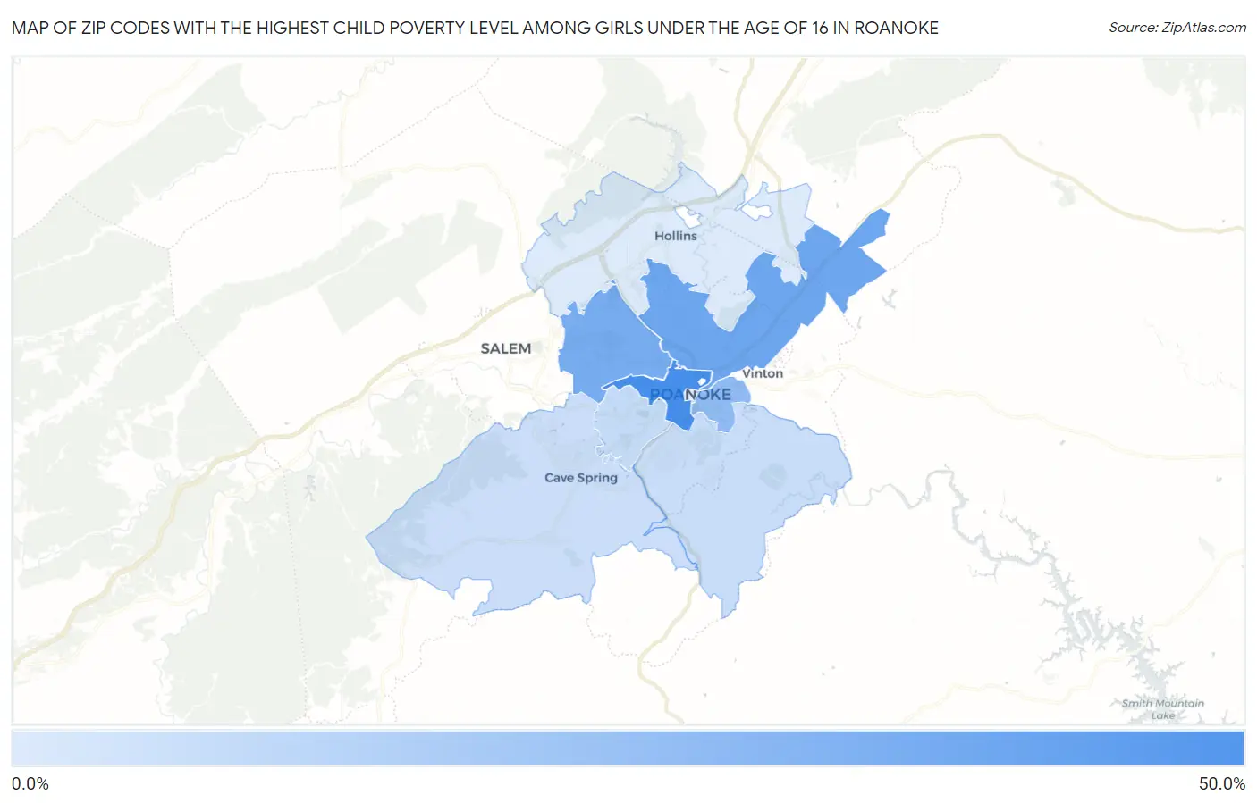 Zip Codes with the Highest Child Poverty Level Among Girls Under the Age of 16 in Roanoke Map