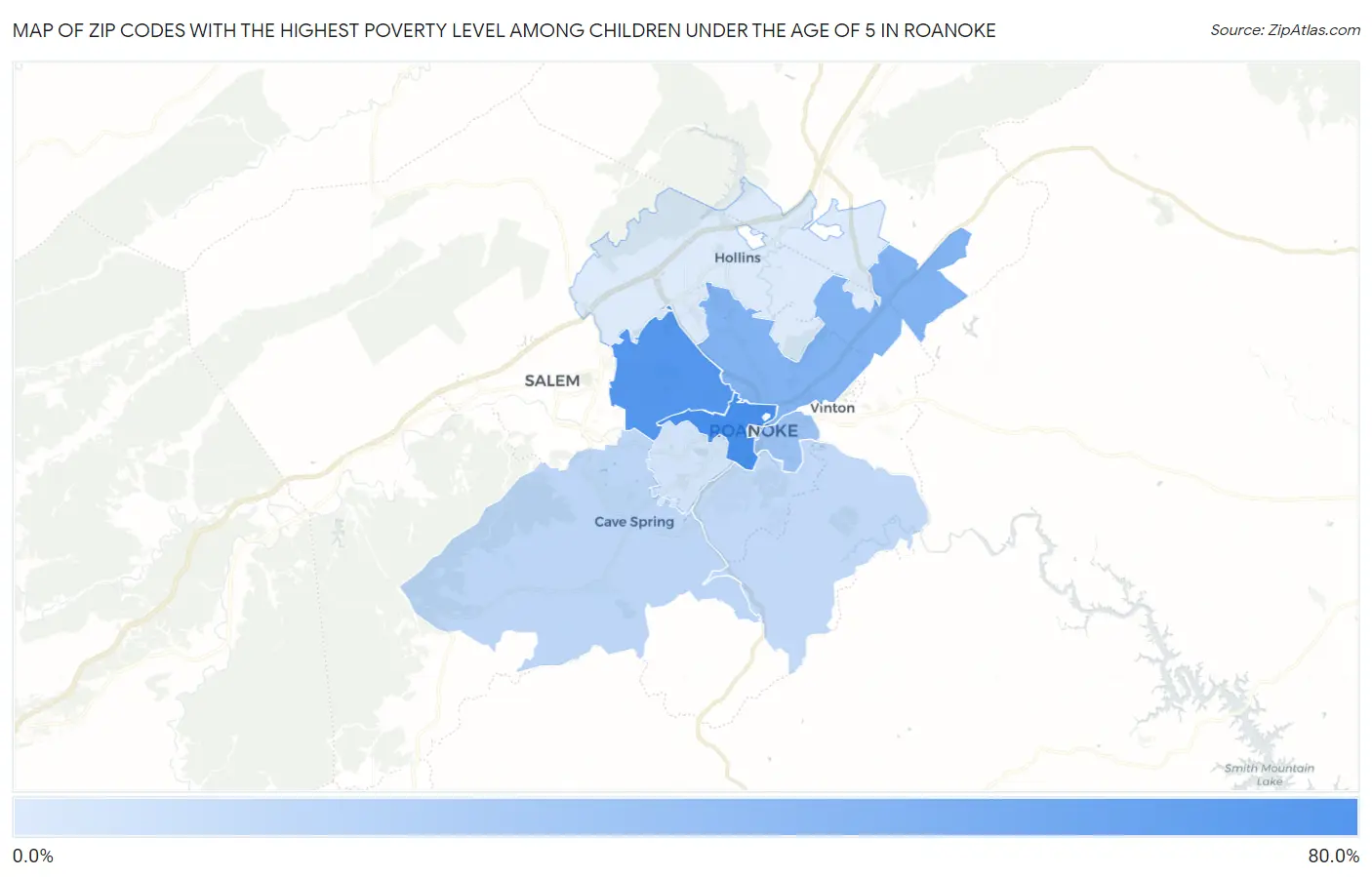 Zip Codes with the Highest Poverty Level Among Children Under the Age of 5 in Roanoke Map