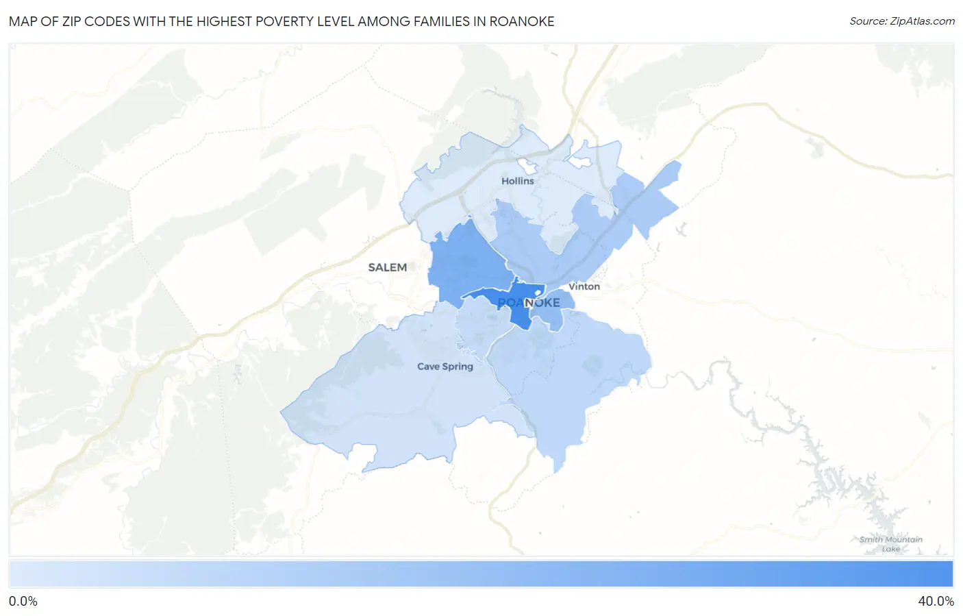 Zip Codes with the Highest Poverty Level Among Families in Roanoke Map