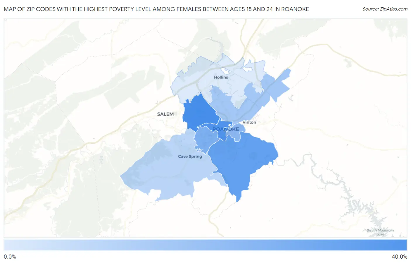 Zip Codes with the Highest Poverty Level Among Females Between Ages 18 and 24 in Roanoke Map
