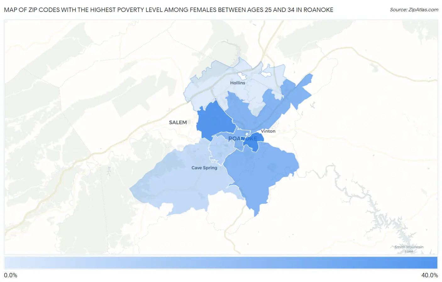 Zip Codes with the Highest Poverty Level Among Females Between Ages 25 and 34 in Roanoke Map