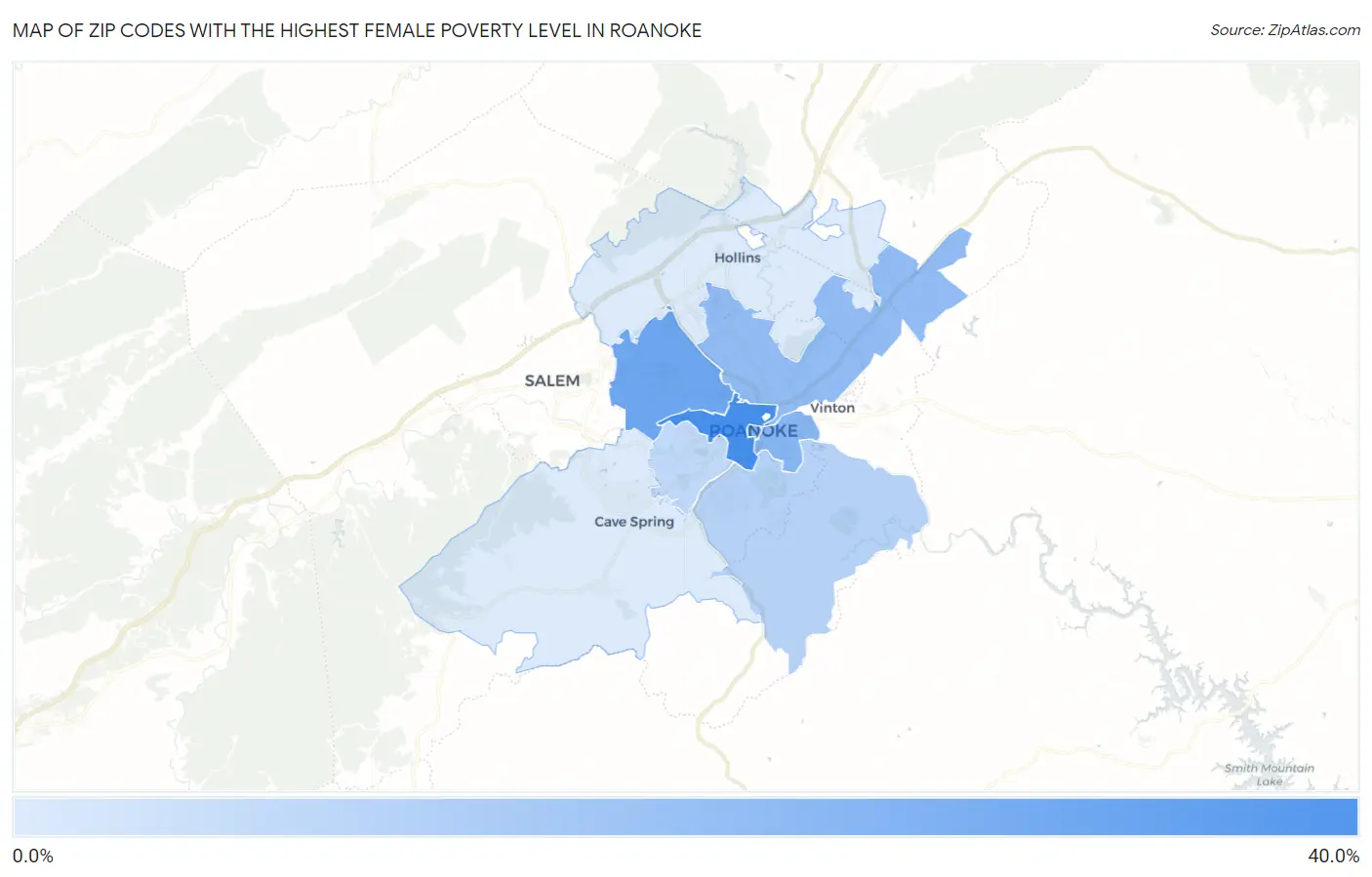 Zip Codes with the Highest Female Poverty Level in Roanoke Map