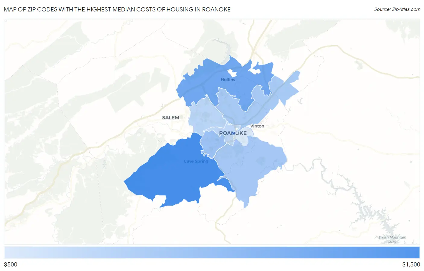 Zip Codes with the Highest Median Costs of Housing in Roanoke Map