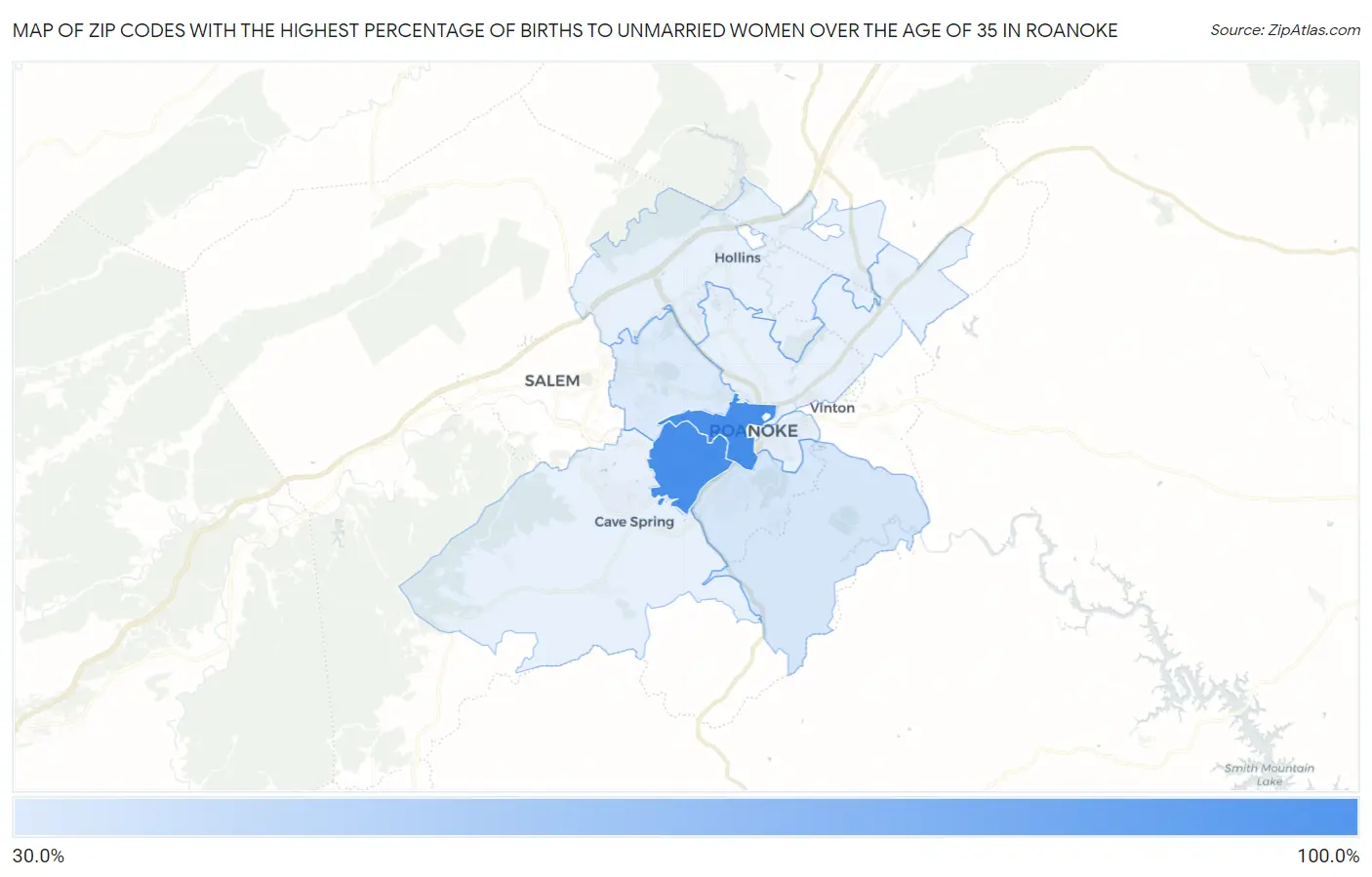 Zip Codes with the Highest Percentage of Births to Unmarried Women over the Age of 35 in Roanoke Map