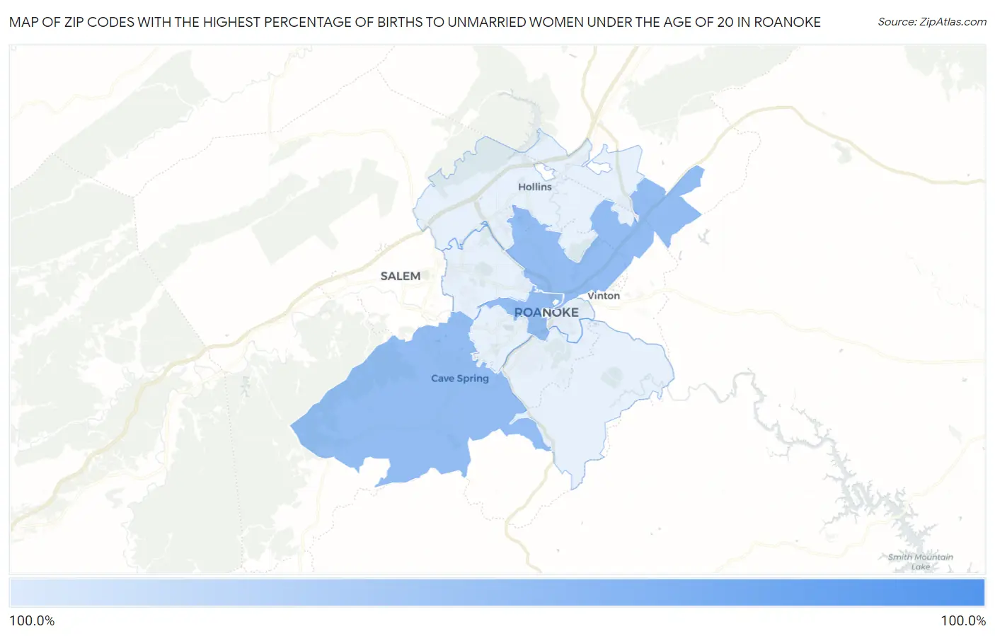 Zip Codes with the Highest Percentage of Births to Unmarried Women under the Age of 20 in Roanoke Map