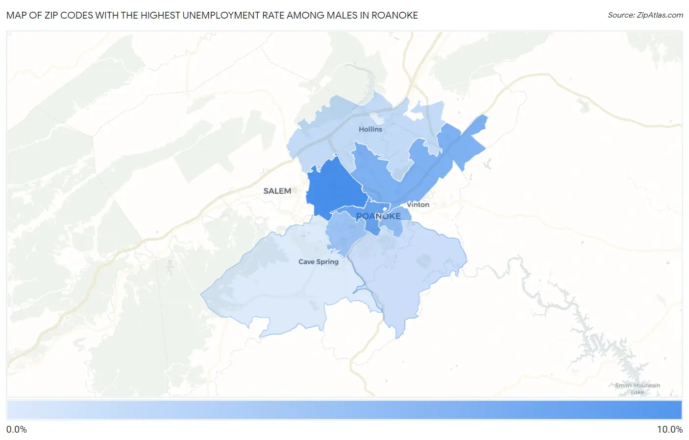 Zip Codes with the Highest Unemployment Rate Among Males in Roanoke Map