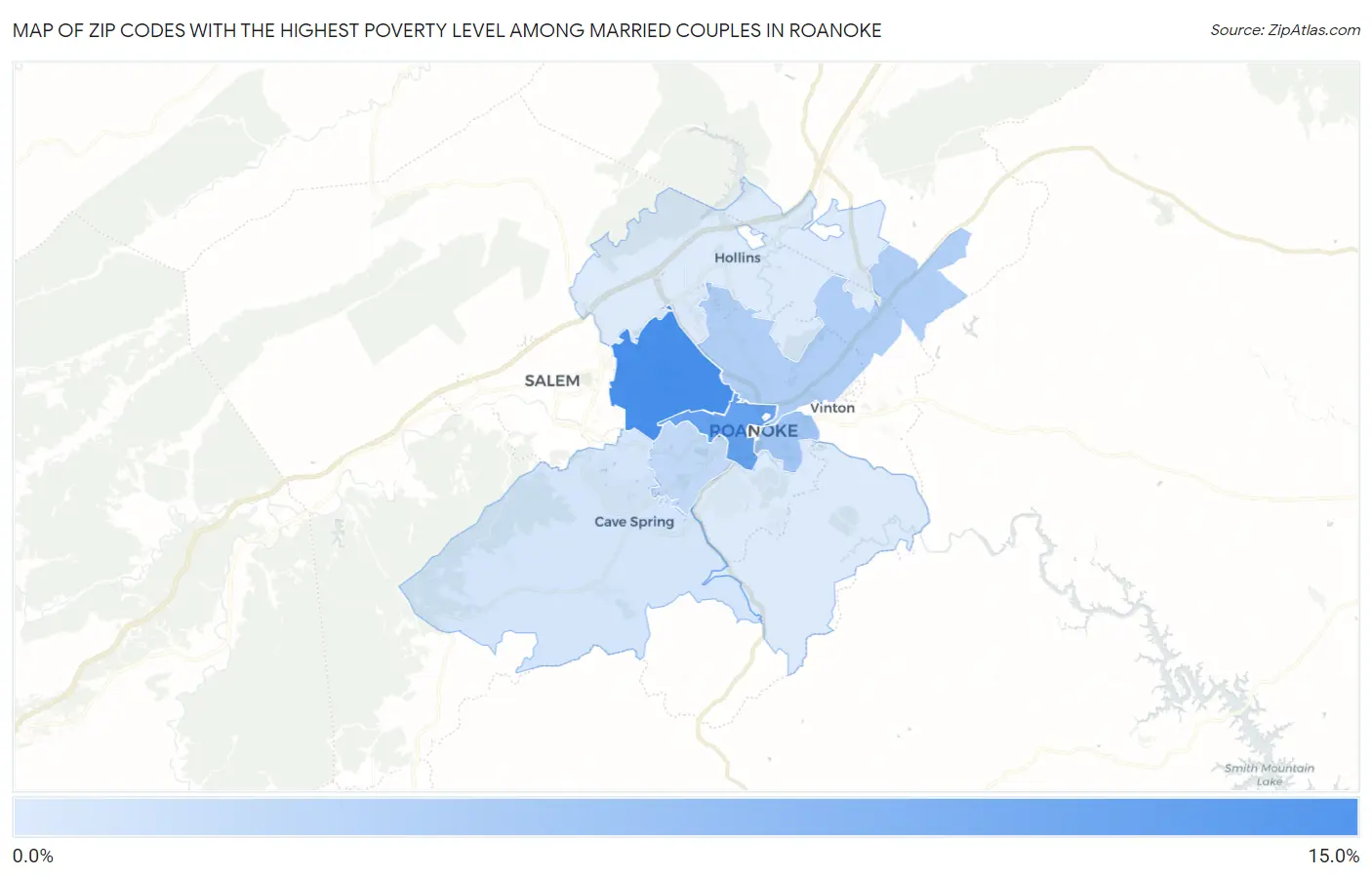 Zip Codes with the Highest Poverty Level Among Married Couples in Roanoke Map
