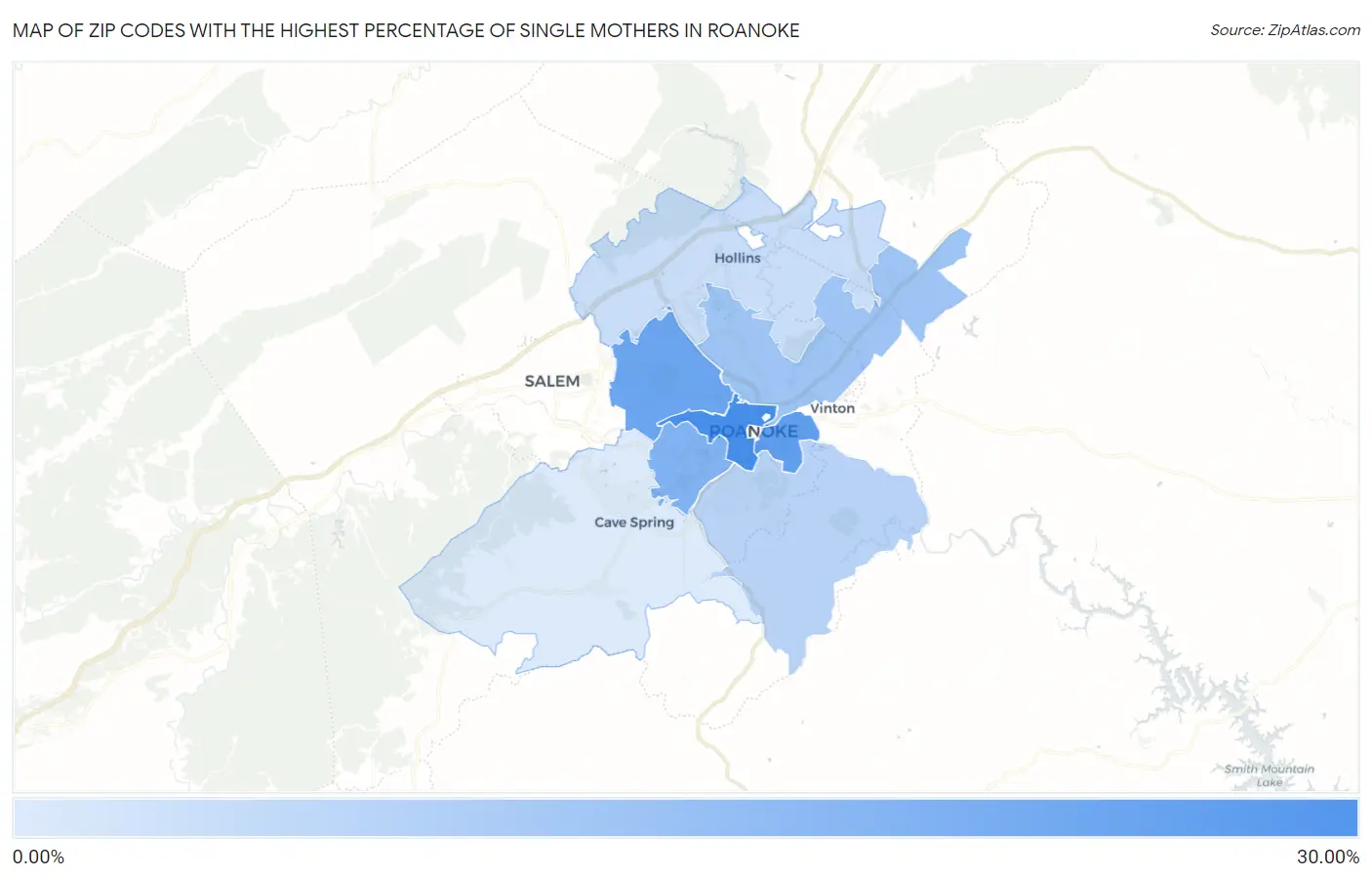 Zip Codes with the Highest Percentage of Single Mothers in Roanoke Map