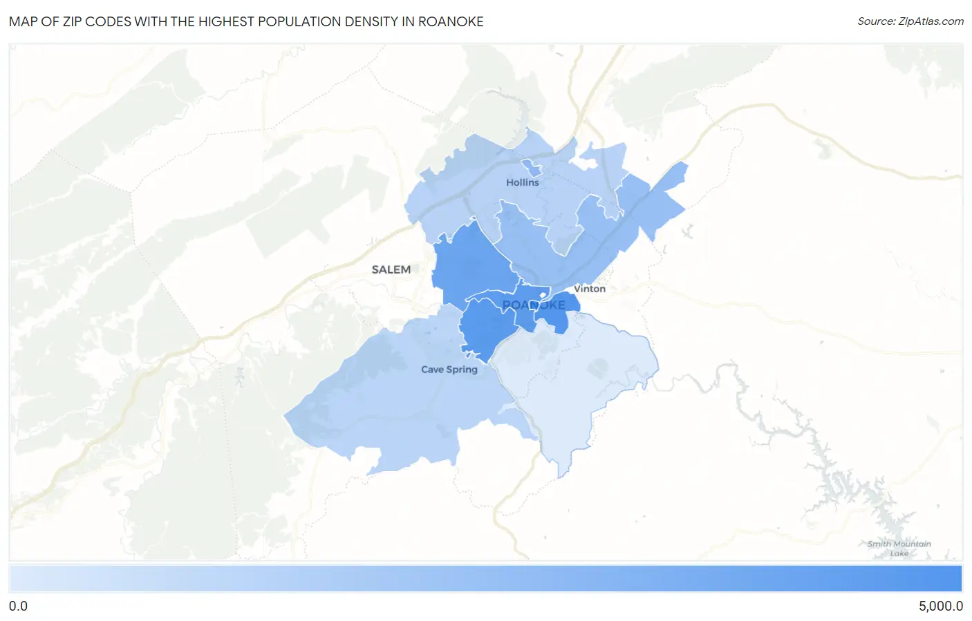 Zip Codes with the Highest Population Density in Roanoke Map