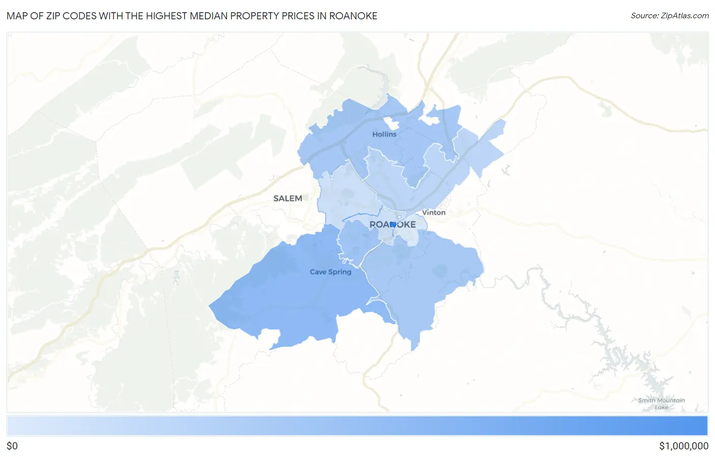 Zip Codes with the Highest Median Property Prices in Roanoke Map