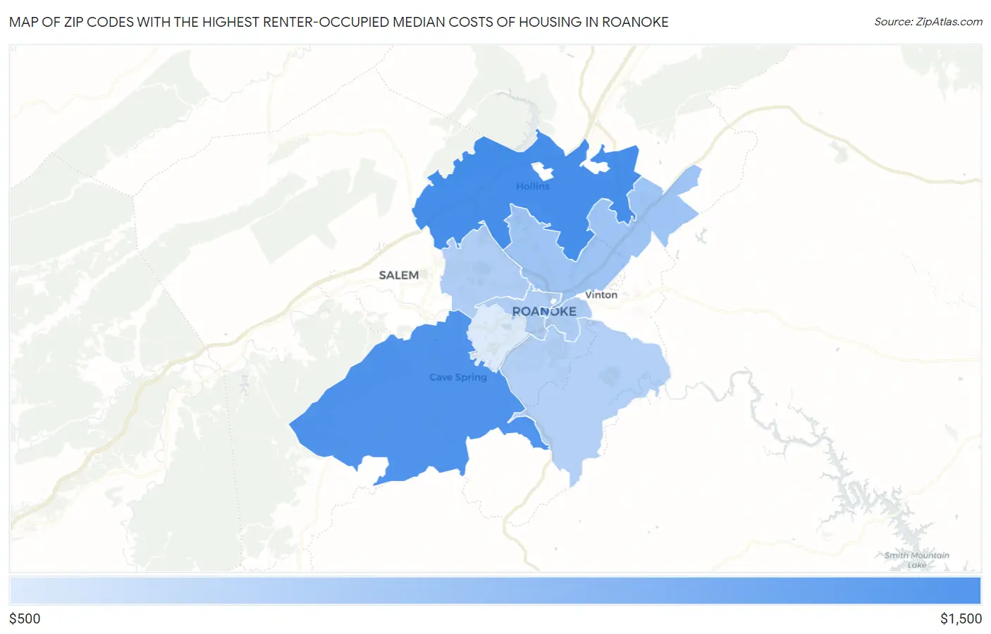 Zip Codes with the Highest Renter-Occupied Median Costs of Housing in Roanoke Map