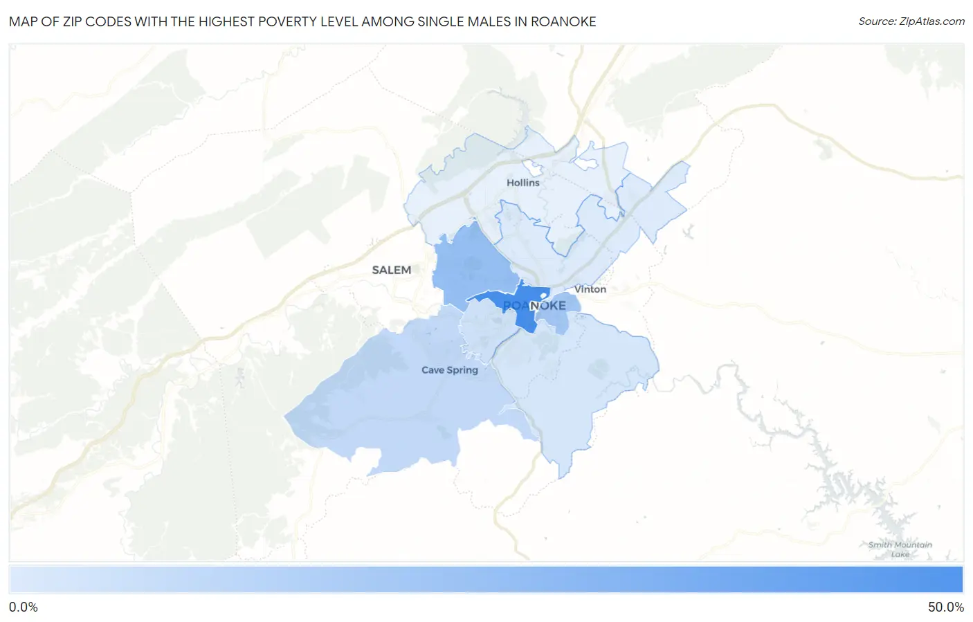 Zip Codes with the Highest Poverty Level Among Single Males in Roanoke Map