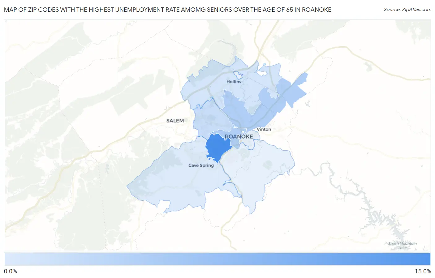 Zip Codes with the Highest Unemployment Rate Amomg Seniors Over the Age of 65 in Roanoke Map