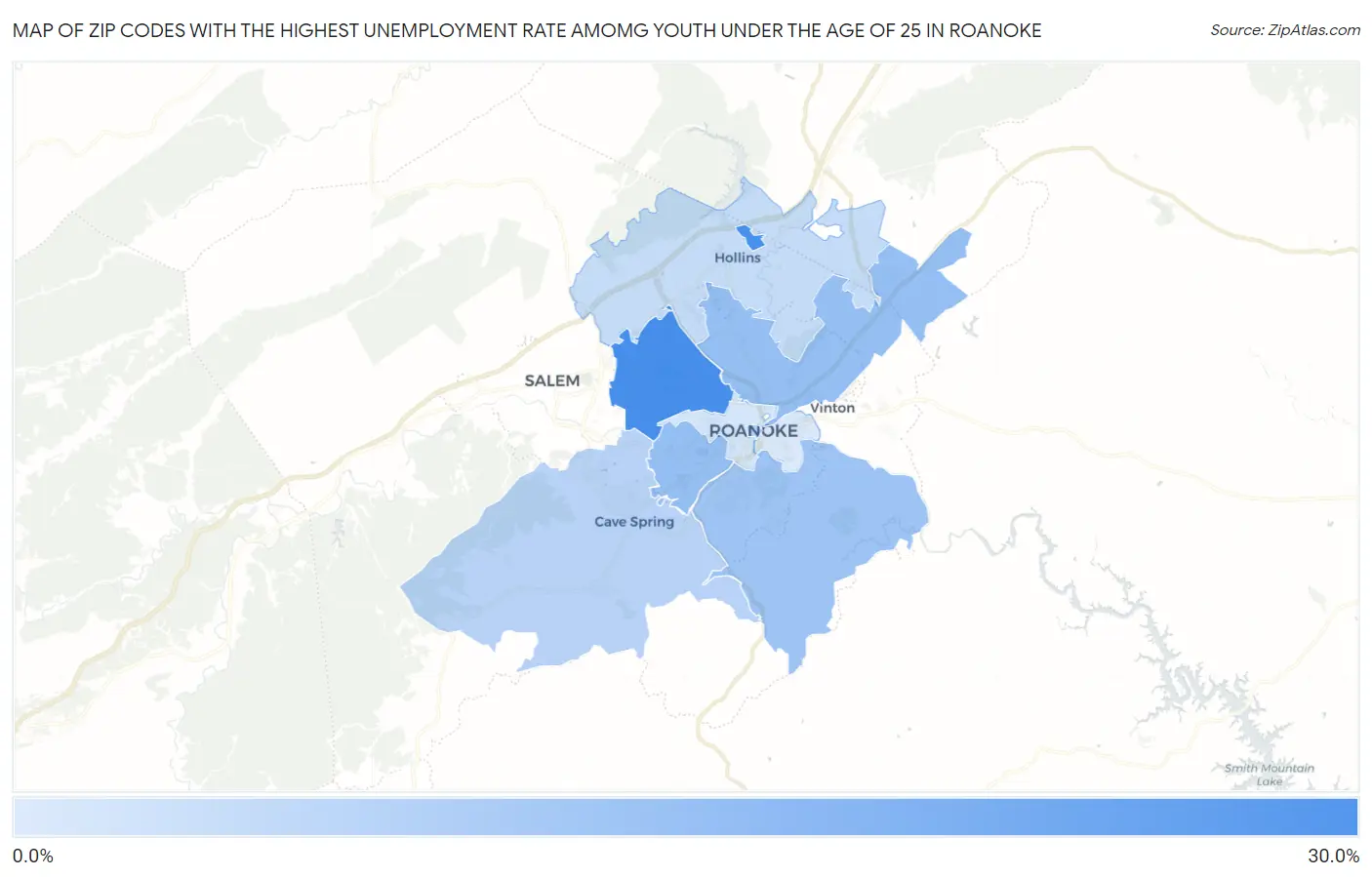 Zip Codes with the Highest Unemployment Rate Amomg Youth Under the Age of 25 in Roanoke Map