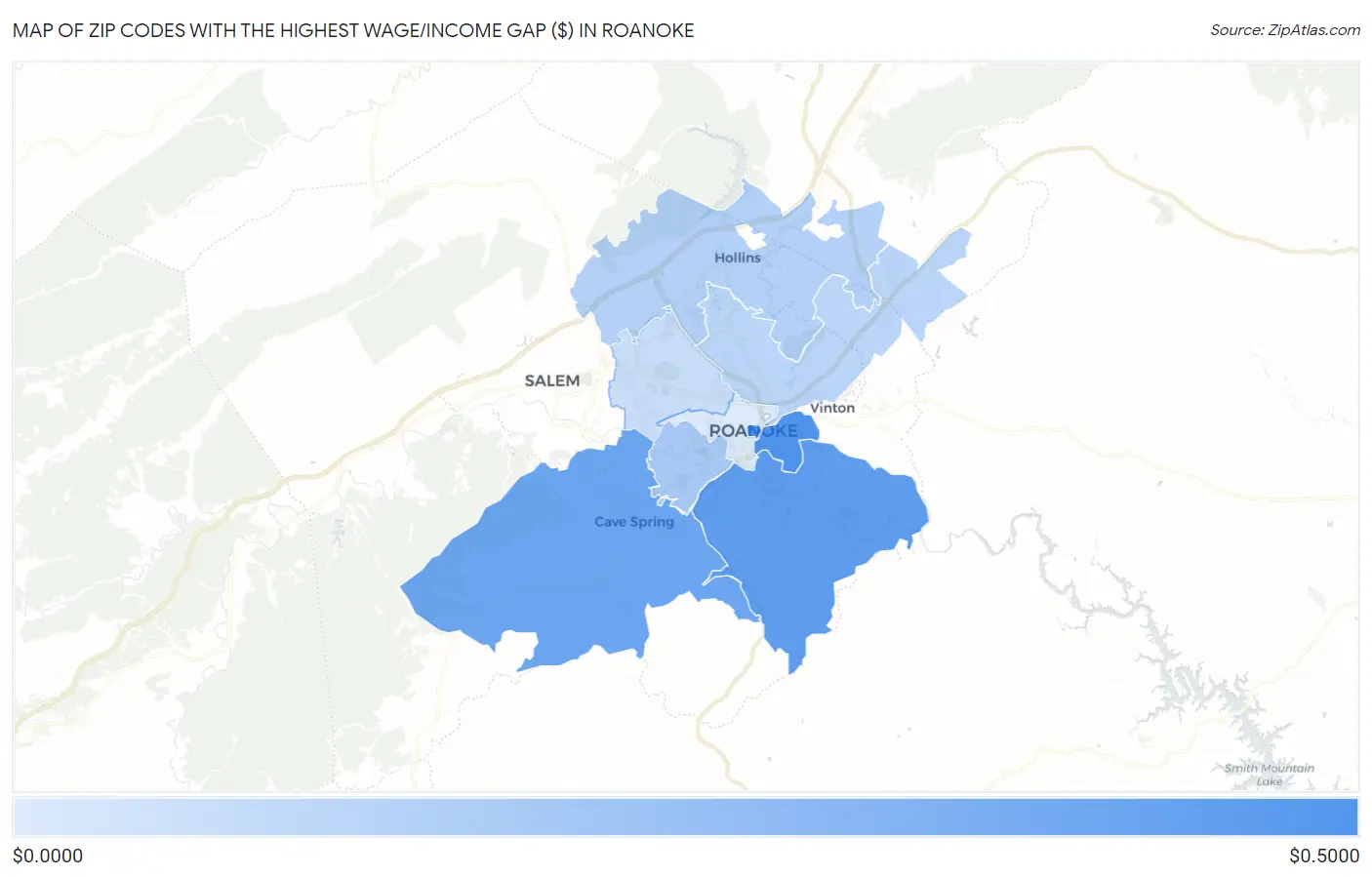 Zip Codes with the Highest Wage/Income Gap ($) in Roanoke Map