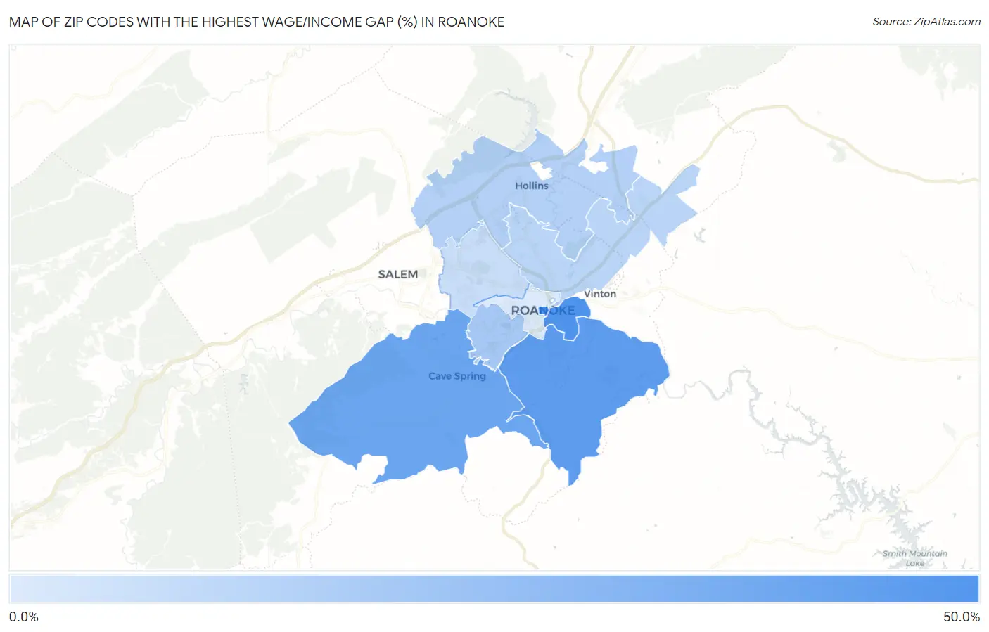 Zip Codes with the Highest Wage/Income Gap (%) in Roanoke Map