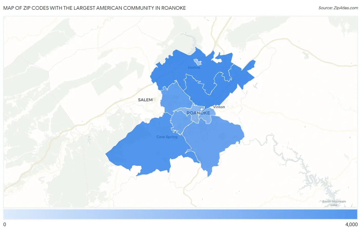 Zip Codes with the Largest American Community in Roanoke Map