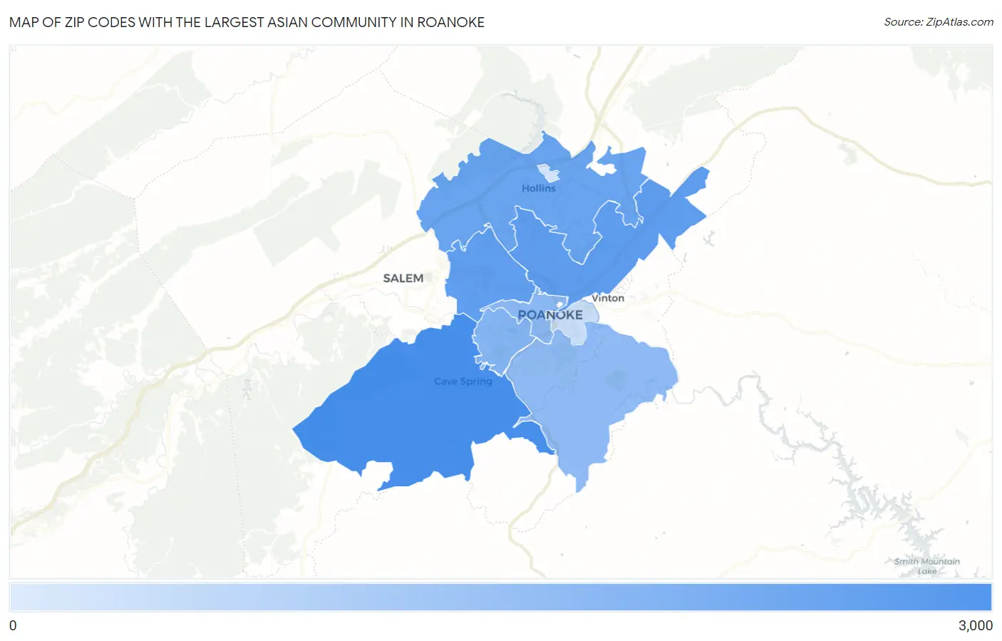 Zip Codes with the Largest Asian Community in Roanoke Map