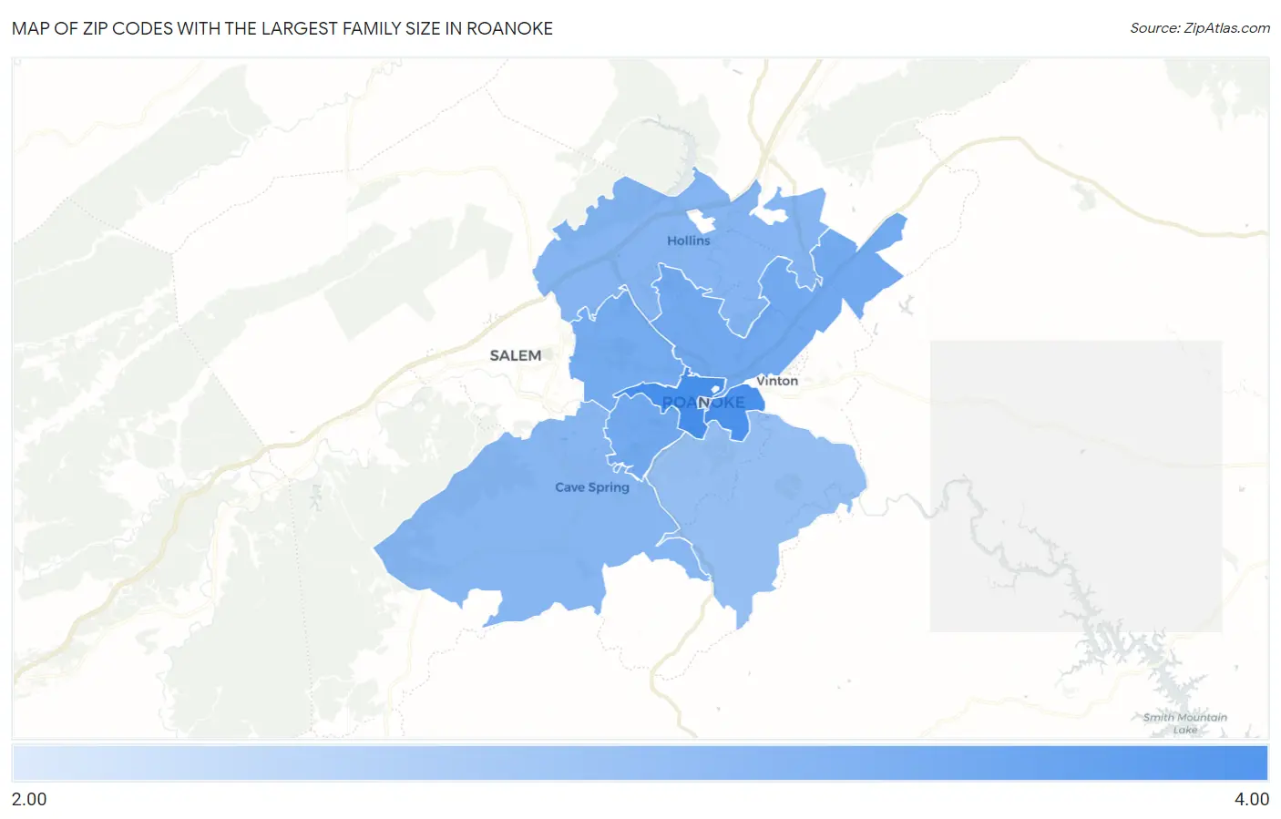 Zip Codes with the Largest Family Size in Roanoke Map