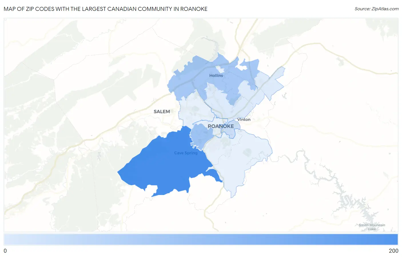 Zip Codes with the Largest Canadian Community in Roanoke Map