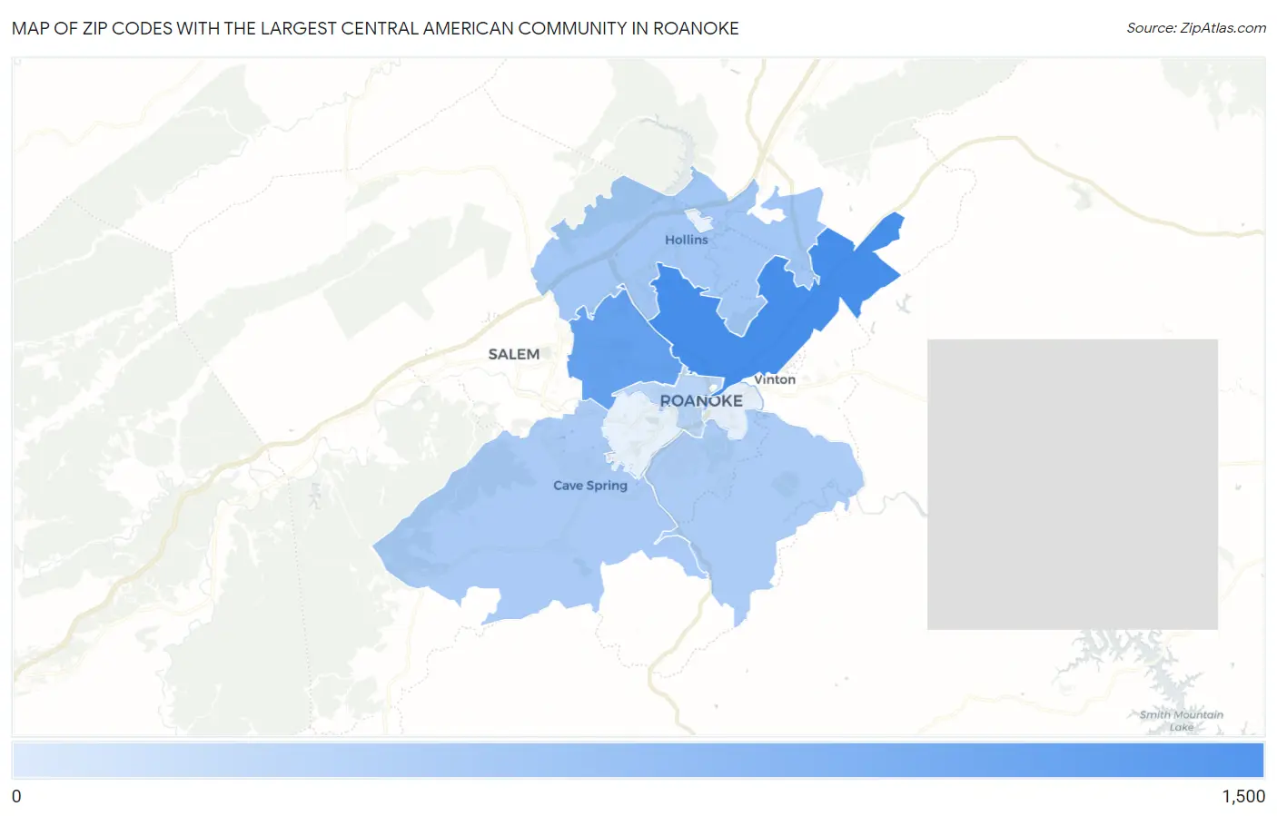 Zip Codes with the Largest Central American Community in Roanoke Map