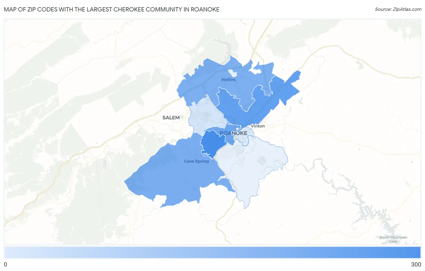 Zip Codes with the Largest Cherokee Community in Roanoke Map