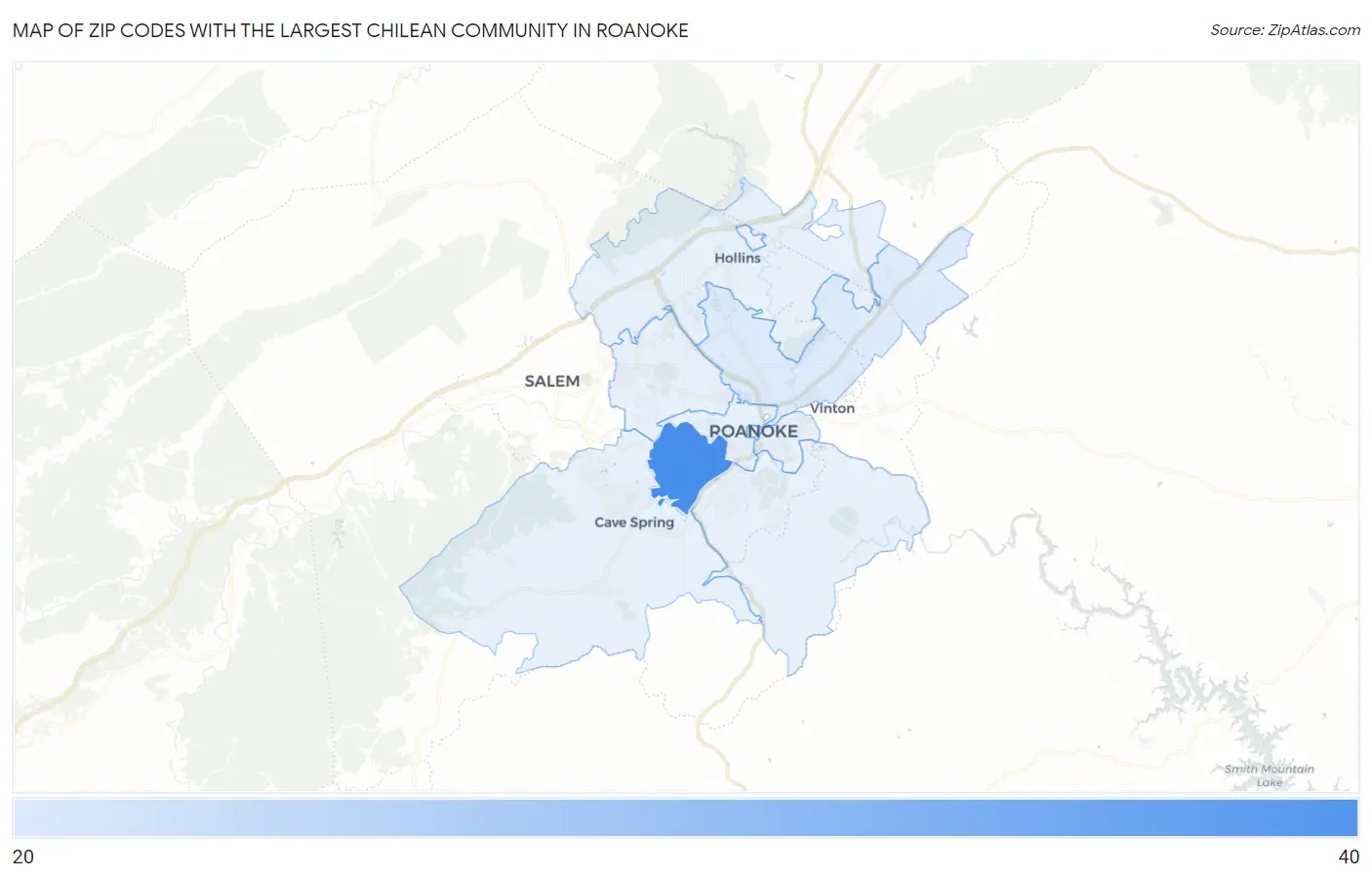 Zip Codes with the Largest Chilean Community in Roanoke Map