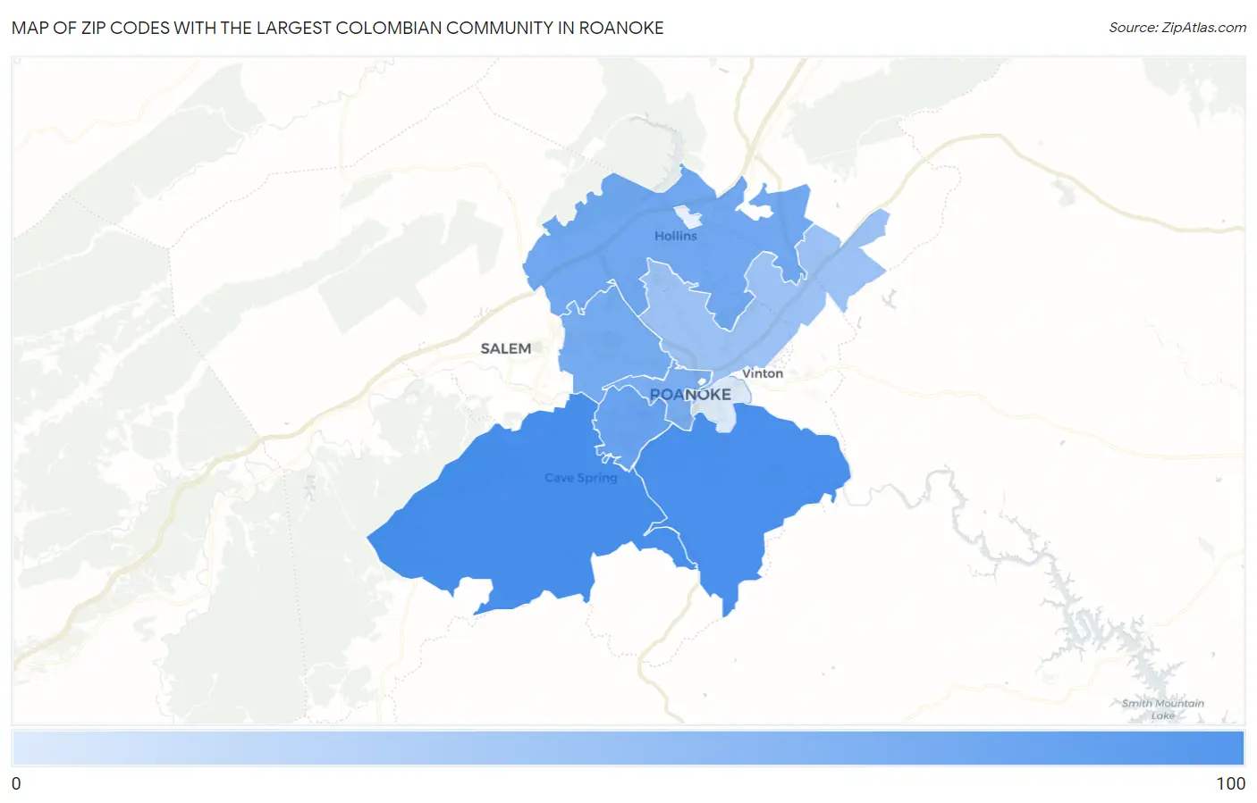 Zip Codes with the Largest Colombian Community in Roanoke Map
