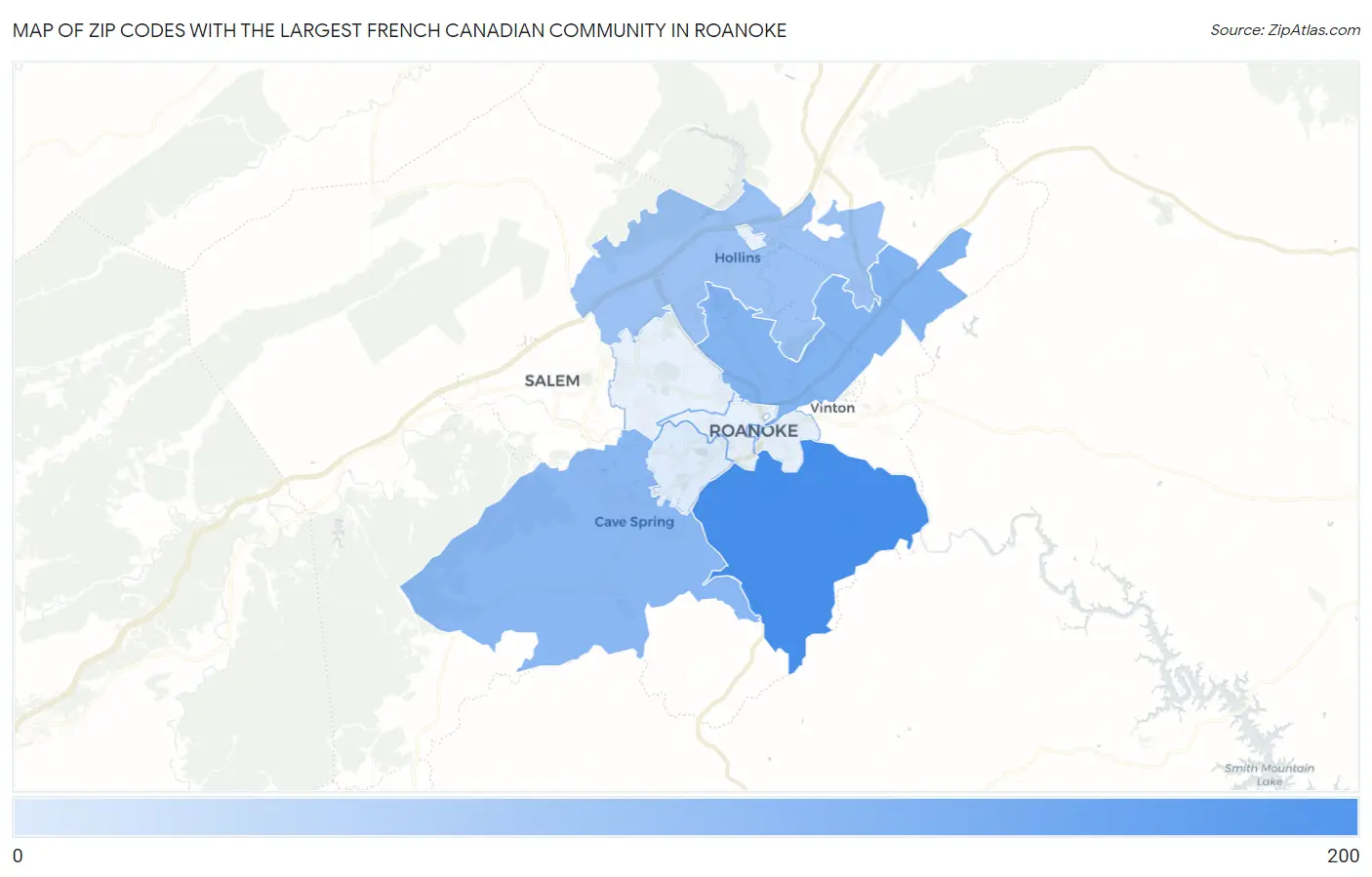 Zip Codes with the Largest French Canadian Community in Roanoke Map
