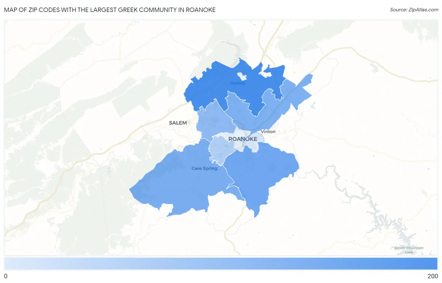 Zip Codes with the Largest Greek Community in Roanoke Map