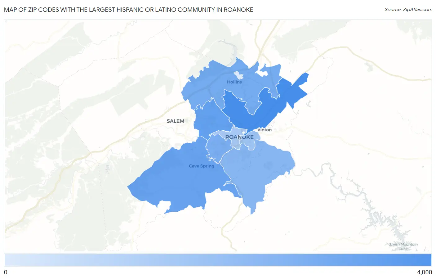 Zip Codes with the Largest Hispanic or Latino Community in Roanoke Map