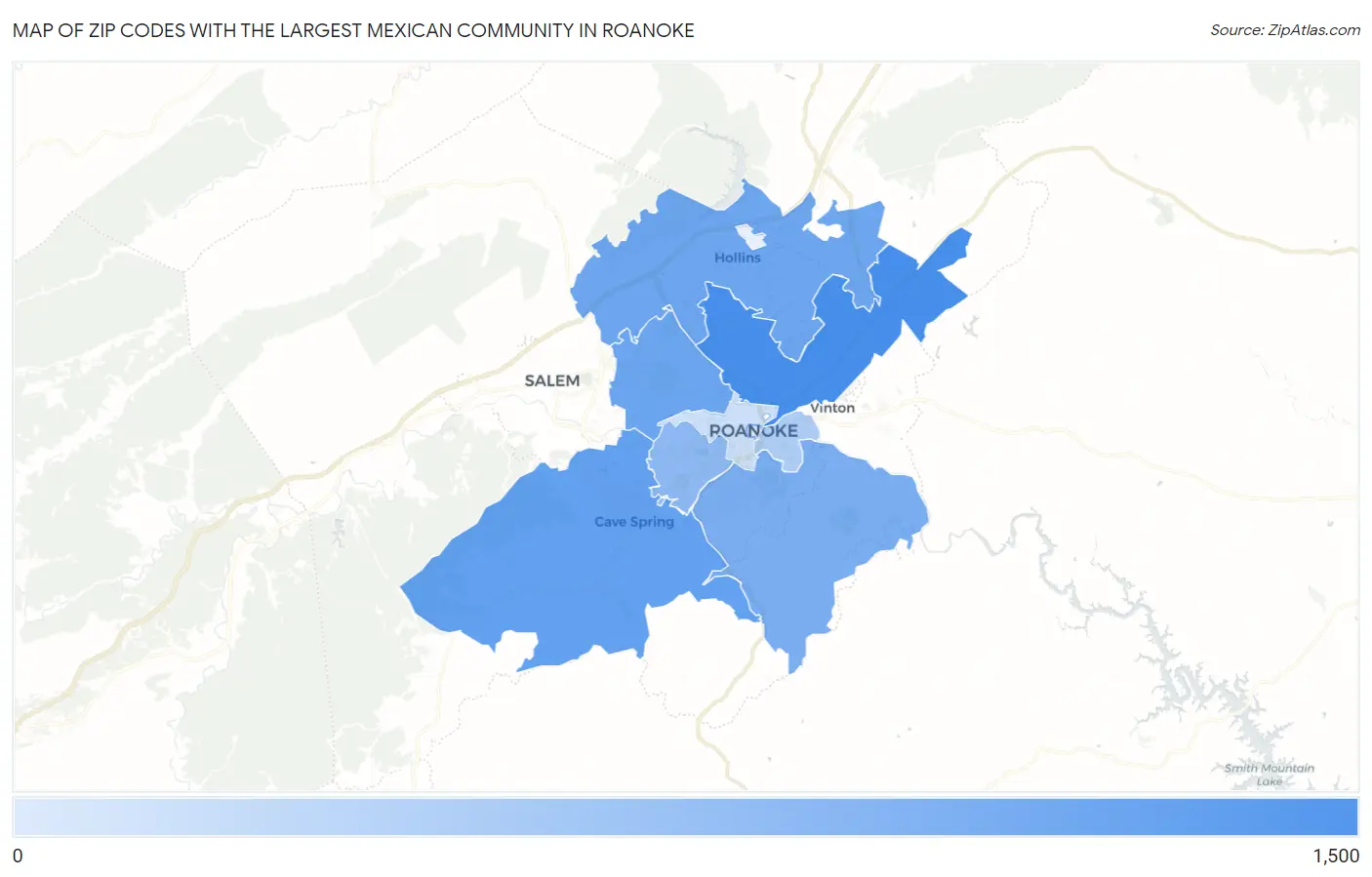 Zip Codes with the Largest Mexican Community in Roanoke Map