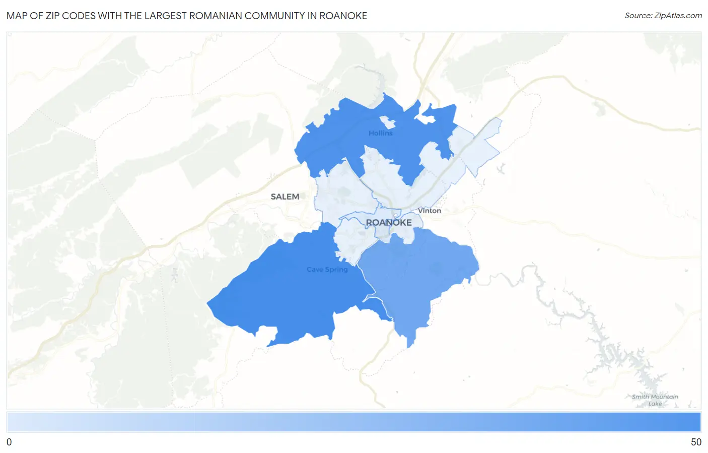 Zip Codes with the Largest Romanian Community in Roanoke Map