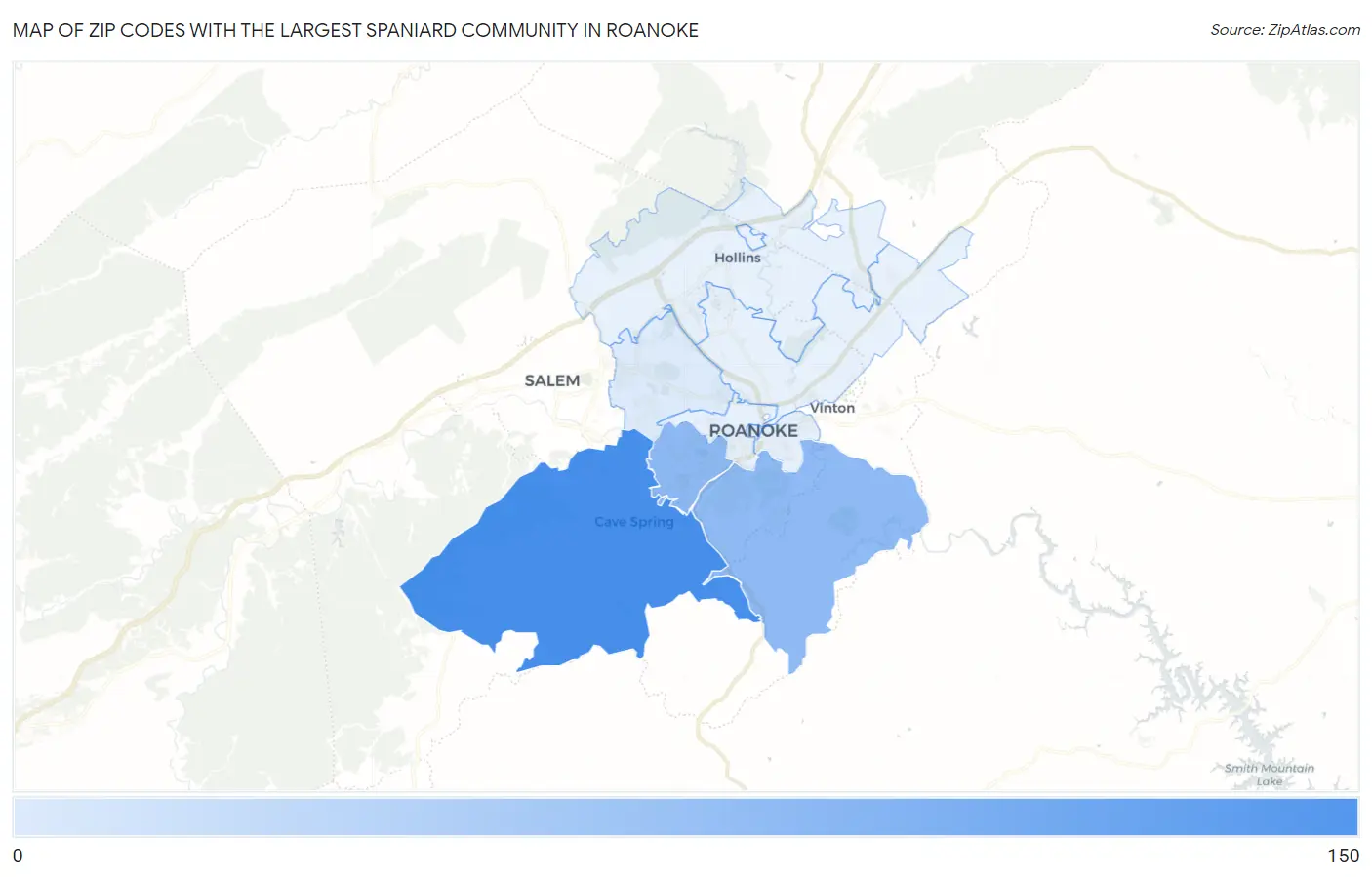 Zip Codes with the Largest Spaniard Community in Roanoke Map