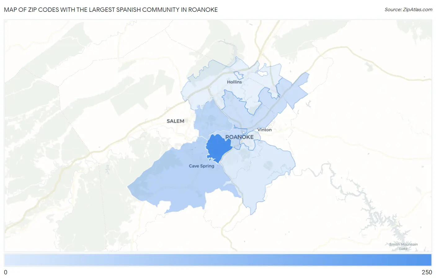 Zip Codes with the Largest Spanish Community in Roanoke Map